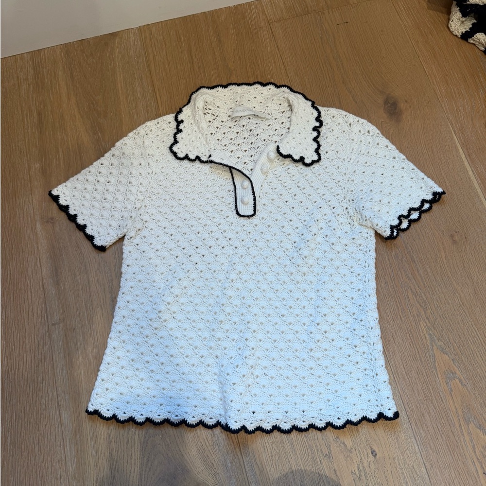 Zimmermann White Crochet Top with Black Trim